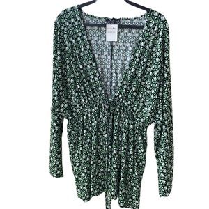 NWT 💚🖤🤍 Lily Geometric Retro Patterned Long Open Topper, Elastic Waist Tie 2X